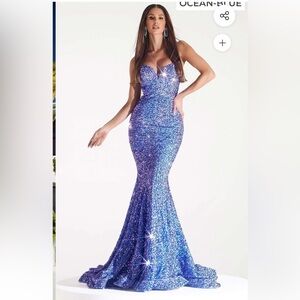 Portia & Scarlett Strapless Mermaid Sequin Formal Ball Gown Purple Ocean Blue
